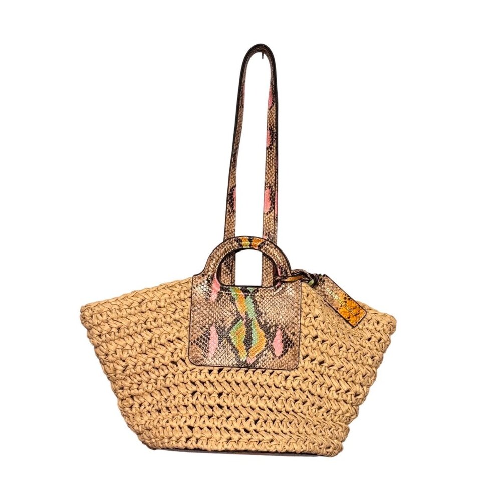 Vince Camuto Lena Straw Tote Bag Faux Snakeskin Duo Handles‎ Boho Chic Beachy